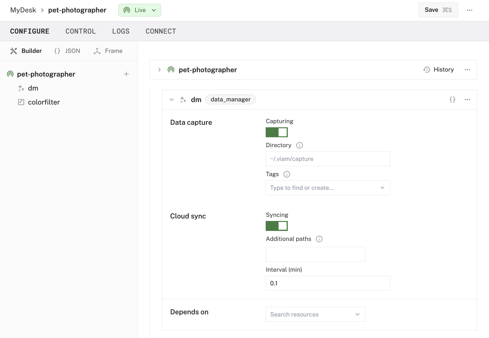 An instance of the data management service named &ldquo;dm&rdquo;. The cloud sync and capturing options are toggled on and the directory is empty. The interval is set to 0.1